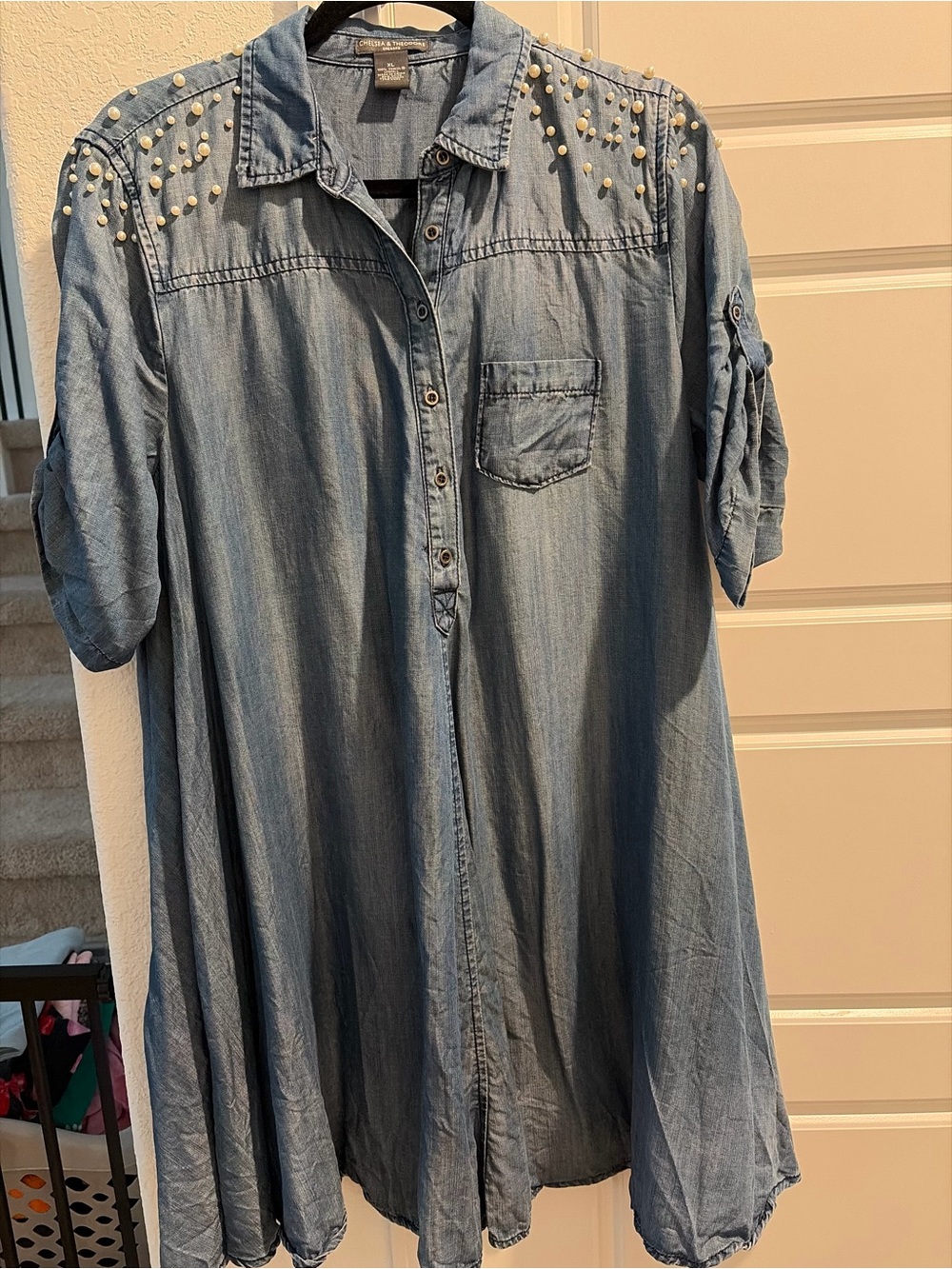 Chelsea & Theodore XL Blue 100% Tencel Pearl Beaded Denim Chambray Shirtdress